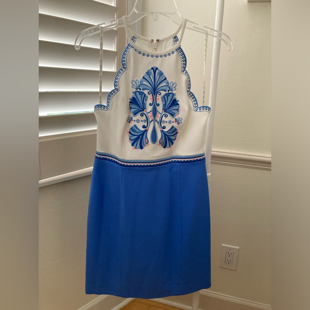Lilly Pulitzer Cream and Blue embroidered mini dress.